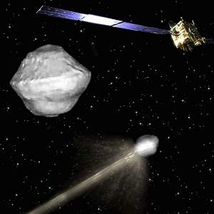 O módulo AIM ficará assistindo à distância, enquanto o projétil DART atinge o irmão menor do asteroide binário Dídimo. [Imagem: ESA/AOES Medialab]